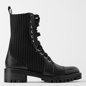 Zara Womens Contrasting Combat Boots Black Block Heel Cap Toe Lace Up 7 New